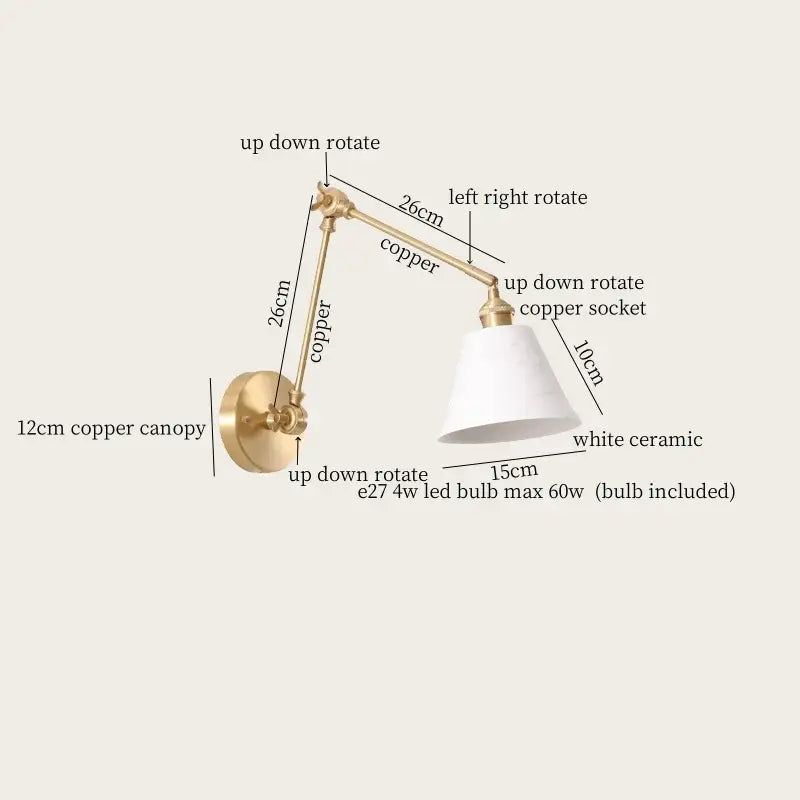 A sleek copper ceramic led wall lamp with a white ceramic shade and adjustable arms for versatile living room decorbites ceramic led lighting