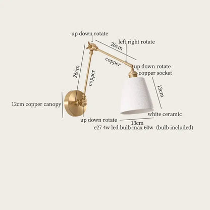 A sleek adjustable wall lamp with polished copper finish and white ceramic shade for decorbites ceramic led wall lighting