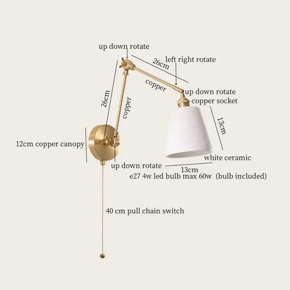 A brass-finished copper wall lamp with a white ceramic shade and adjustable arm from decorbites ceramic led collection