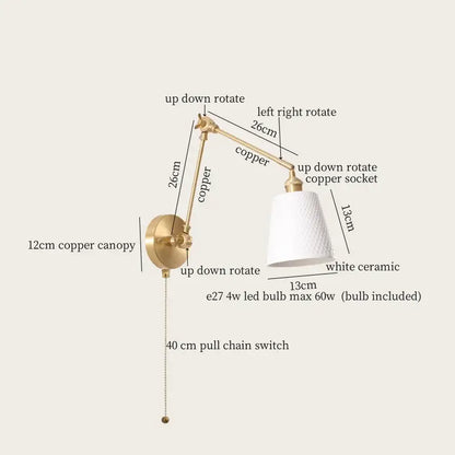 A sleek adjustable copper wall lamp with a white ceramic shade and e27 led bulb for decorbites ceramic led wall decor