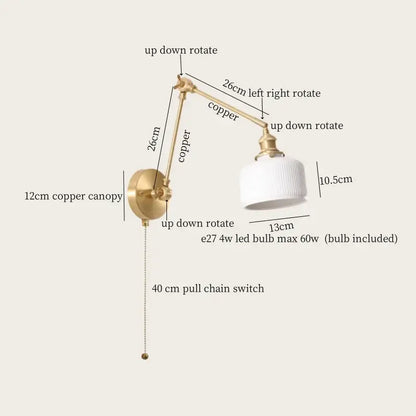 Copper adjustable wall lamp with white ribbed glass shade and pull chain switch for decorbites ceramic led wall lighting