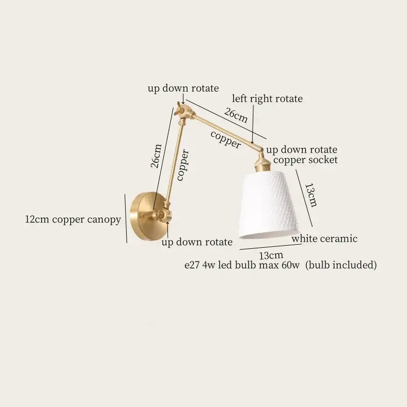 Adjustable copper wall lamp with white ceramic led shade and ribbed fabric decorbites ceramic led wall for living room decor