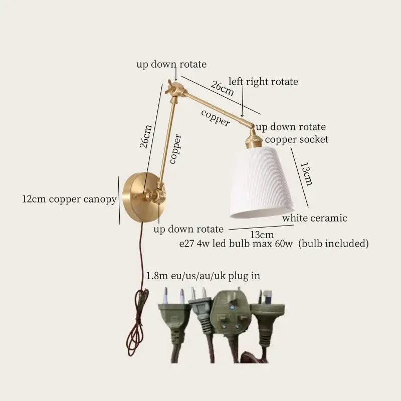 Adjustable copper wall lamp with white ceramic shade as decorbites ceramic led wall lighting for living room decor
