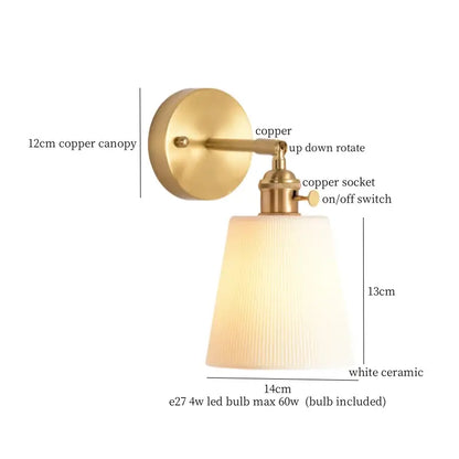 Gold ceramic led wall sconce with brass-finished copper base and white ceramic ribbed shade for bedroom decorbites ceramic led wall