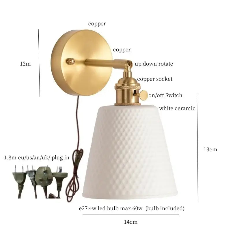 Gold ceramic led wall sconce with a gold copper base and white ceramic shade featuring a textured diamond pattern