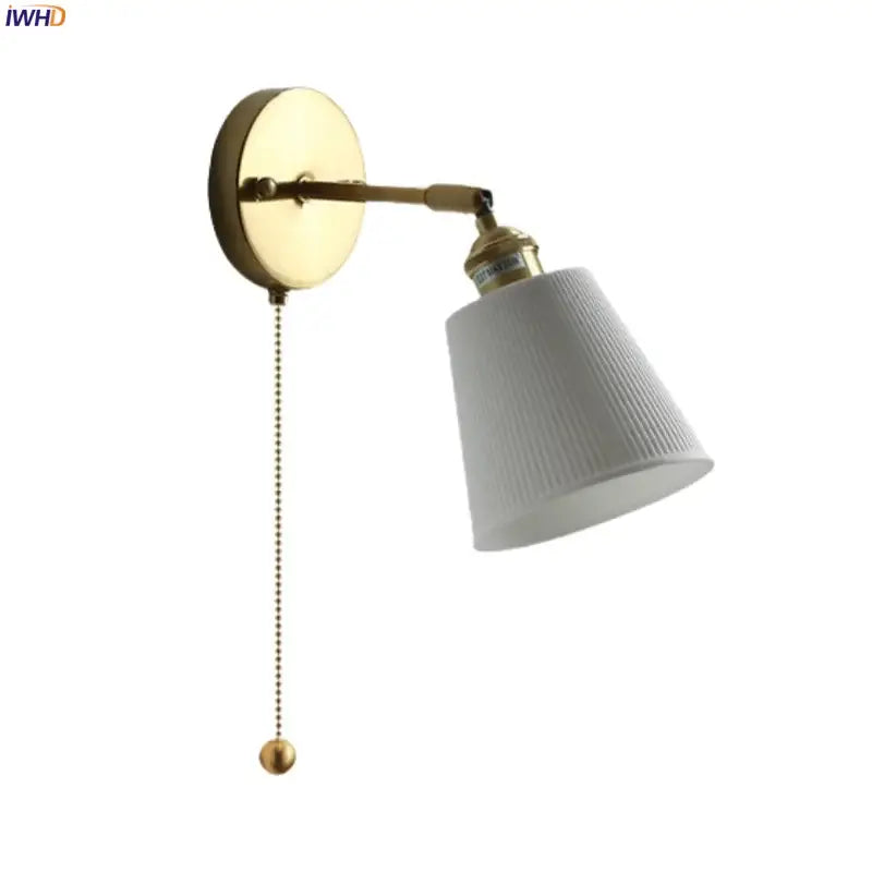 Gold ceramic led wall sconce with gold finish, ribbed white shade, and pull-chain switch for bedroom decorbites ceramic led wall