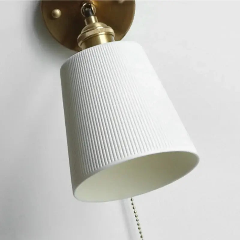 Gold ceramic led wall sconce with white ribbed ceramic lampshade brass wall mount and chain pull for bedroom decorbites ceramic led