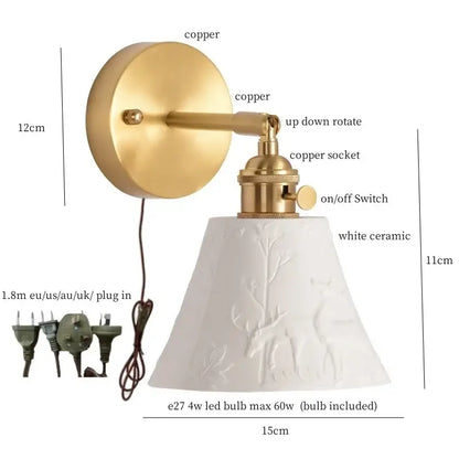 Gold ceramic led wall sconce with white ceramic lampshade featuring deer relief on adjustable copper arm for decorbites ceramic led wall decor