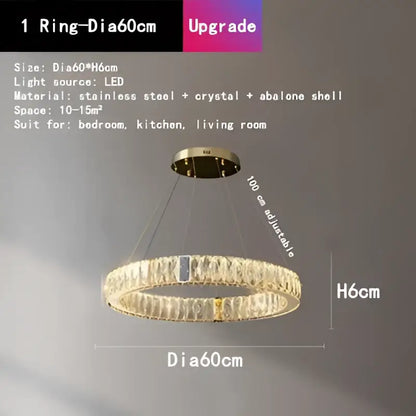 Gold circular decorbites crystal led chandelier with abalone shell accents for dining room lighting