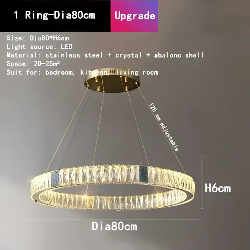 Gold circular decorbites crystal led chandelier with clear crystals and dark blue panels featuring adjustable height design