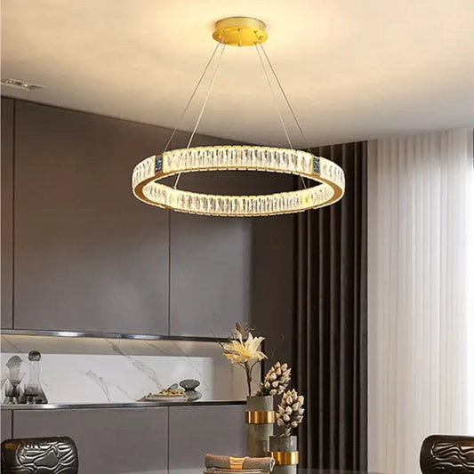 Gold-toned decorbites crystal led circular chandelier with clear faceted crystals for dining room lighting