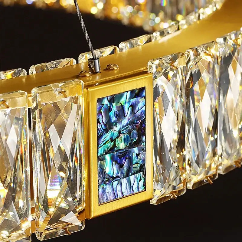 Gold circular decorbites crystal led chandelier with faceted crystal prisms and iridescent abalone inlay for dining room light