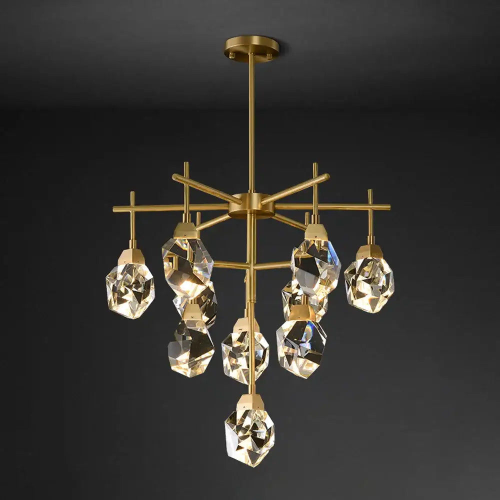 A modern gold circular stone lustre chandelier with a brass frame and diamond crystal stone pendants for dining room