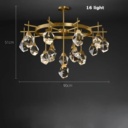 Gold circular stone lustre chandelier with 16 diamond crystal stone droplets for elegant dining room lighting