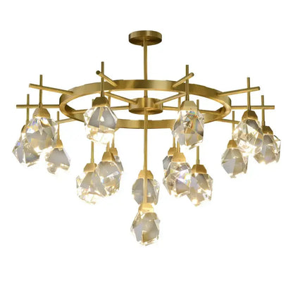Gold circular stone lustre chandelier with diamond crystal stone pendants for elegant dining room lighting