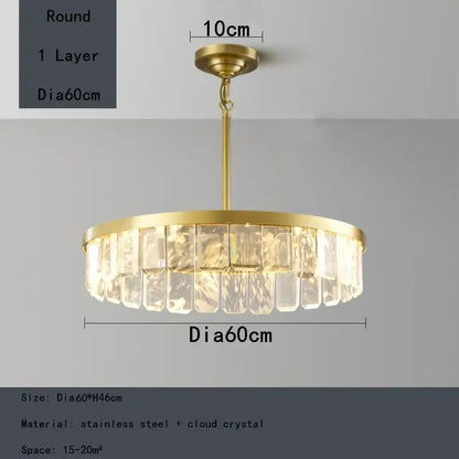 Gold cloud mist crystal chandelier with brass-finished stainless steel frame and hanging cloud mist crystal pieces