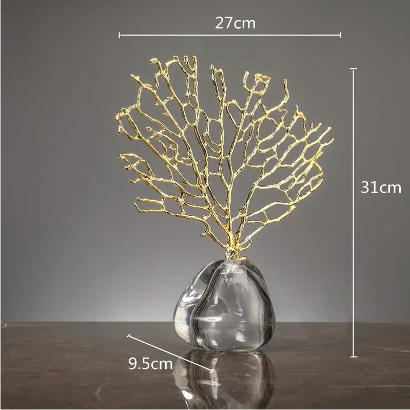 Gold coral crystal tree sculpture with resin ocean figurines on clear glass base for living room decor