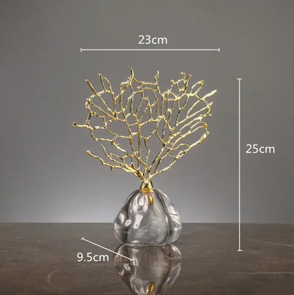 Gold coral crystal tree sculpture with clear glass base resin ocean figurines for living room decor