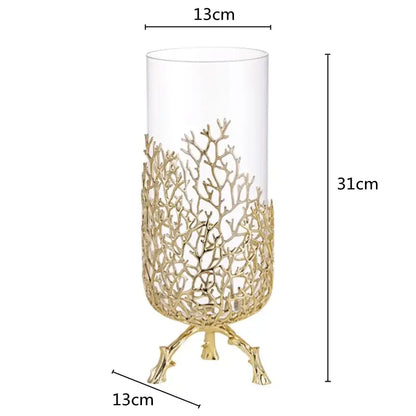 Gold coral crystal tree decorative candle holder with clear glass cylinder and intricate coral crystal lattice design