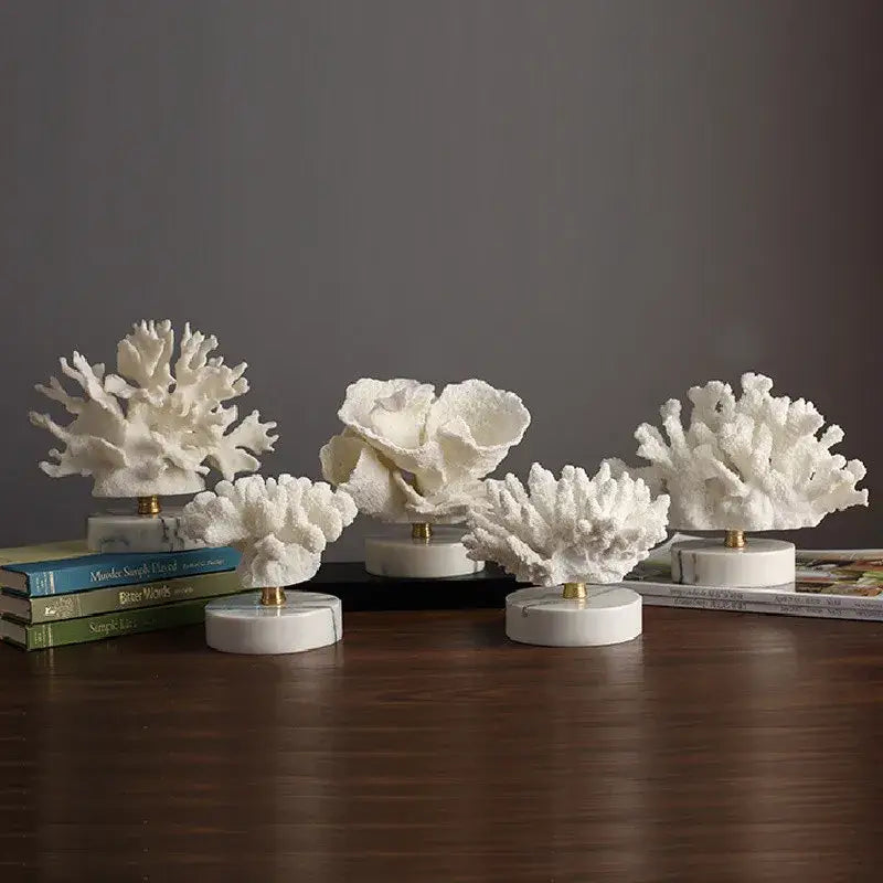 Gold coral crystal tree glass sculptures featuring white resin ocean figurines on marble bases for living room decor
