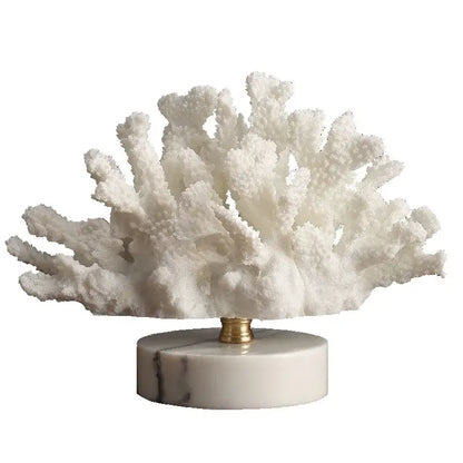 White coral crystal tree sculpture with gold-toned stem on marble base resin ocean figurines for living room decor