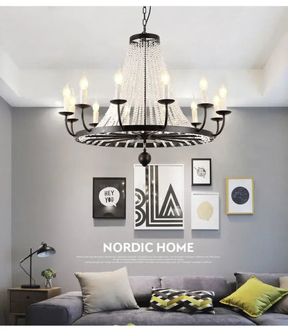 Black wrought iron country candle crystal chandelier with cascading clear crystal droplets for dining room decorbites