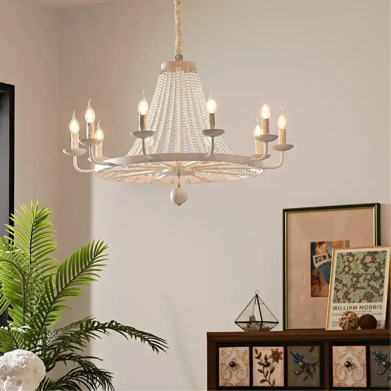White candle crystal chandelier with crystal droplets and candle style bulbs for country candle decorbites lighting