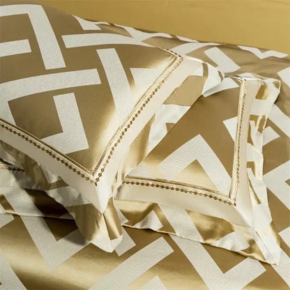 Gold and white geometric patterned satin pillowcases with gold threaded trim from egyptian cotton bedding set decorbites american jacquard