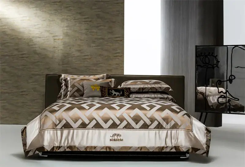 Gold and cream egyptian cotton bedding set with geometric jacquard brocade pattern and embroidered decorbites american logo