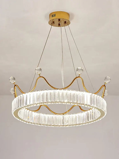 Gold-toned crown crystal chandelier with clear crystal accents and modern design for elegant bedroom decorbites crystal chandelier