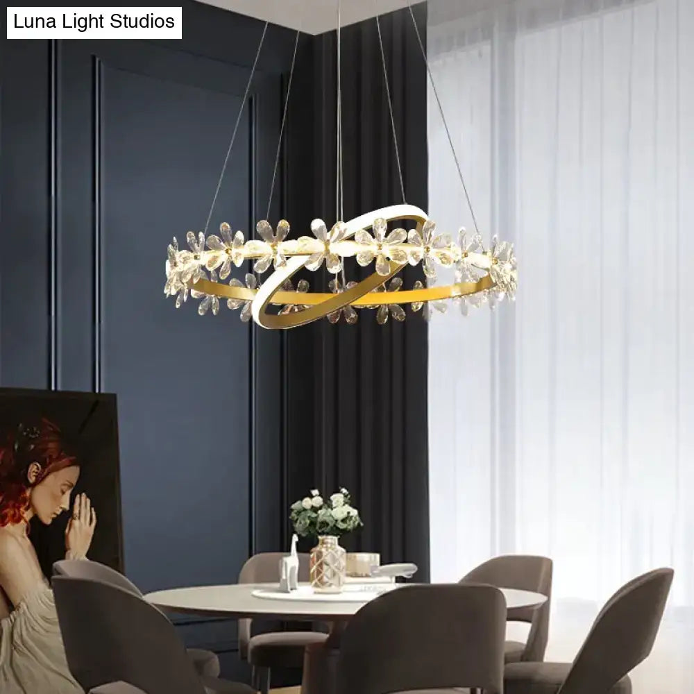 Elegant gold-toned DecorBites Nordic style crown crystal flower pendant light with clear crystal flower accents