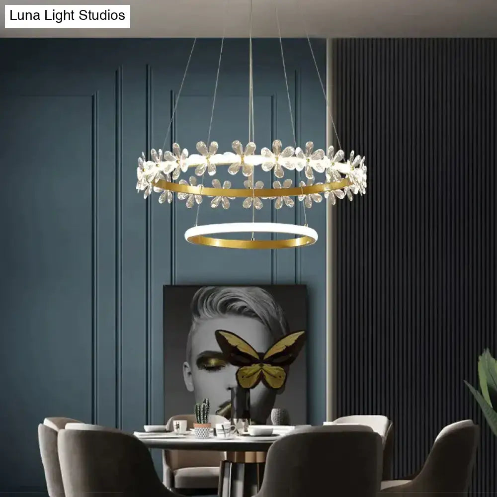 Decorbites™ nordic style crown crystal flower pendant light with gold metal double-ring frame and clear crystal flower accents