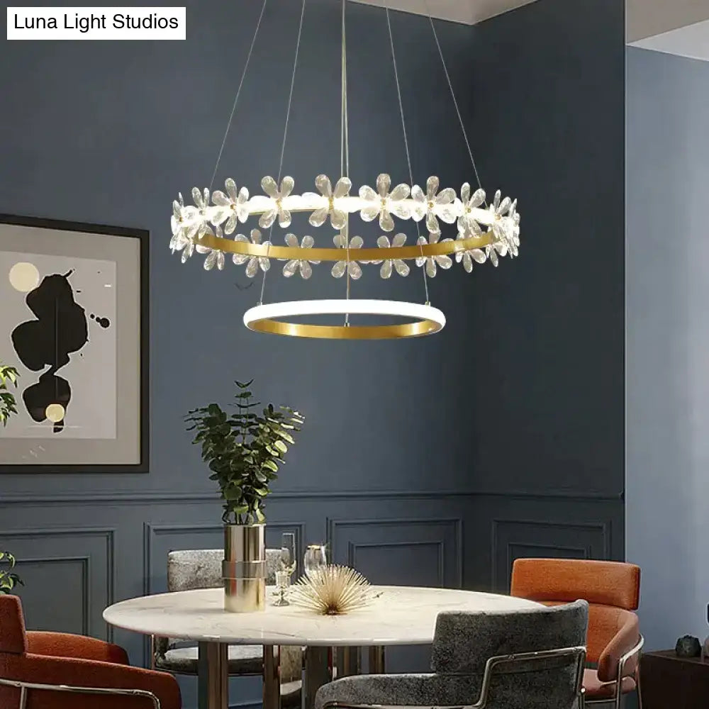 DecorBites Nordic style crown crystal flower pendant light with two-tiered gold metal frame and clear crystal flowers