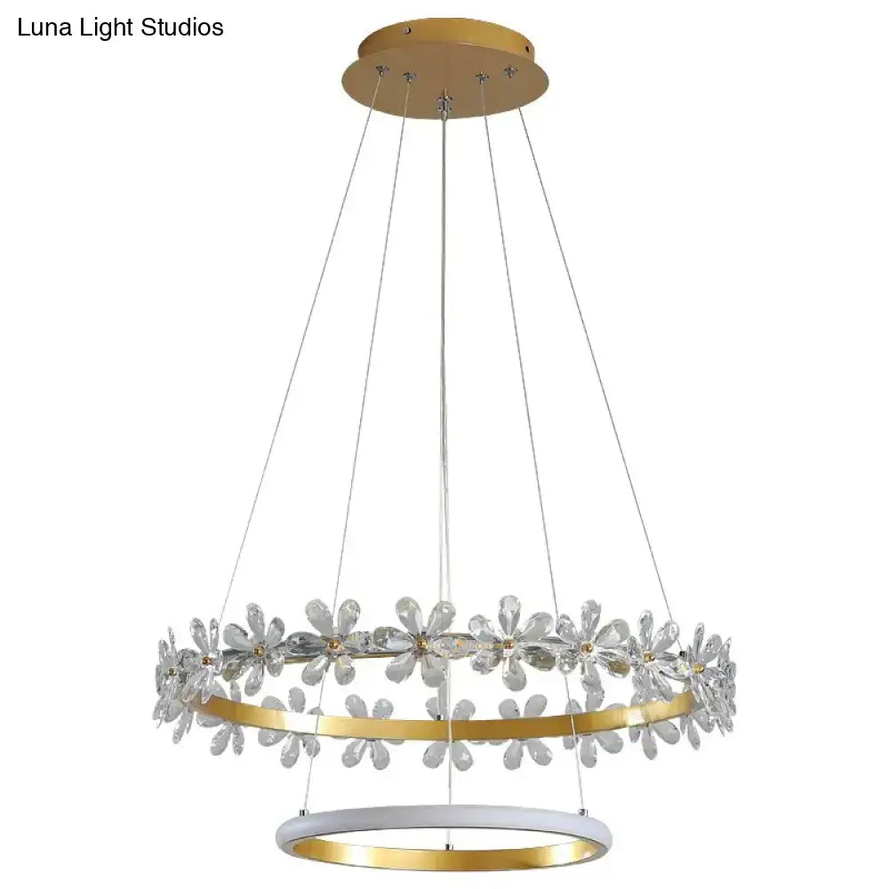 DecorBites™ nordic style crown crystal flower pendant light with clear crystal flowers and gold metal rings suspended