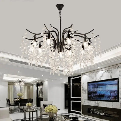 Black wrought iron decorbites crystal branch chandelier with cascading clear crystal droplets for luxury living room decor