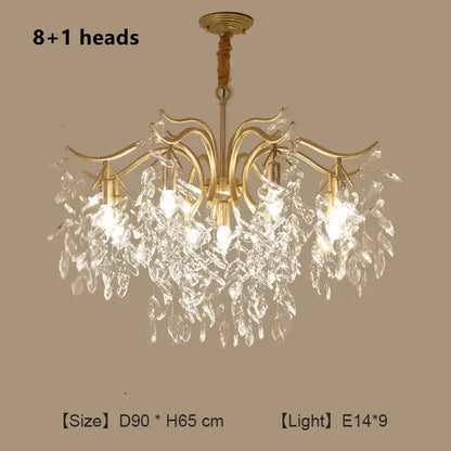 Gold-toned decorbites crystal branch chandelier with eight illuminated leaf-shaped pendants for luxury living room decor