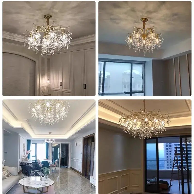 Gold crystal branch chandelier with intricate arms and dangling crystal droplets by decorbites for luxury living room lighting