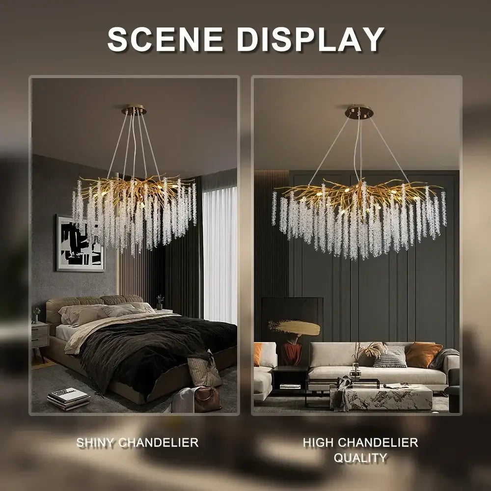 Gold crystal ceiling chandelier with gold-toned frame and cascading crystal strands for living room decorbites crystal ceiling