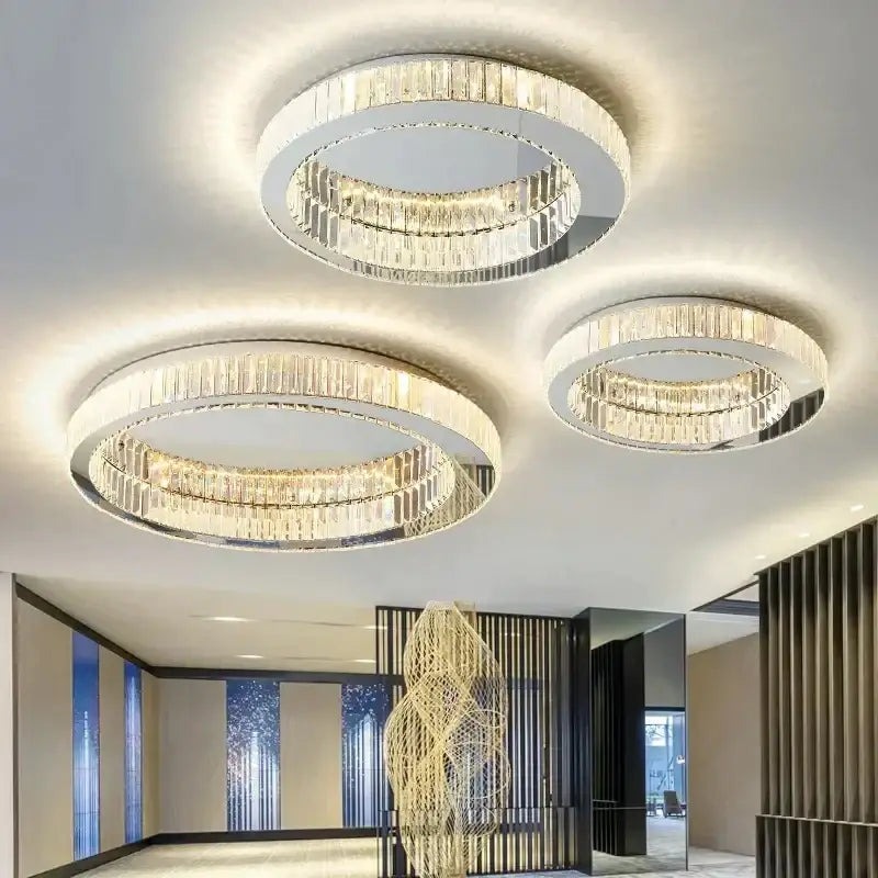 Gold crystal decorbites crystal circle ceiling chandelier with faceted crystals and chrome frames for living room decor