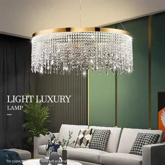 Gold crystal circle led chandelier with gold-toned frame and cascading crystal droplets for luxury decorbites crystal circle living room