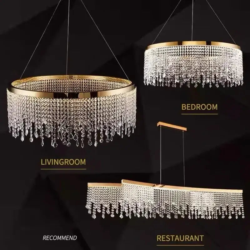Gold crystal circle led chandelier with gold frame and cascading clear crystal droplets for luxury living room decorbites crystal circle