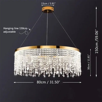 A luxurious gold crystal circle led chandelier with cascading clear faceted crystals for luxury living room decorbites