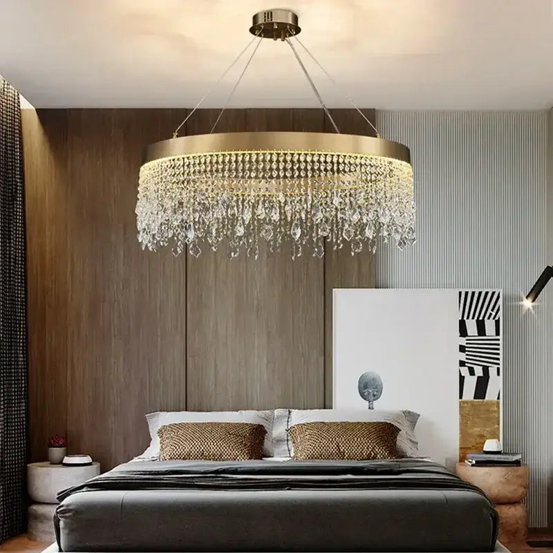 Gold crystal circle led chandelier with cascading crystal droplets in gold tone for luxury living room decorbites crystal circle