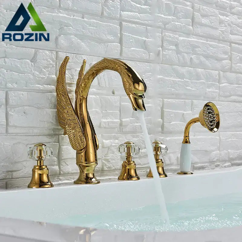 Gold crystal knob swan bathtub faucet with handshower mixer featuring decorbites crystal knob and knob swan faucet design