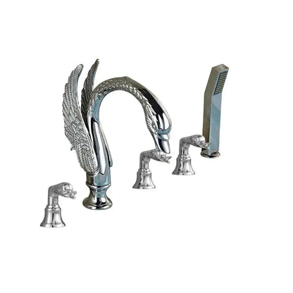 Chrome finished knob swan faucet with ornate wing detailing and matching goose head handles for bathroom tub mixer decorbites crystal knob