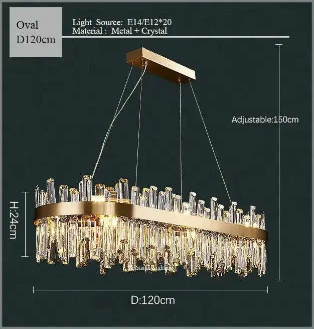 Gold crystal led oval chandelier with gold-toned metal frame and cascading crystal prisms for dining room decorbites crystal led