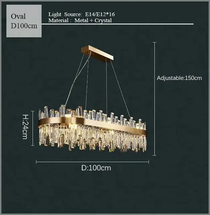 Gold crystal led oval chandelier with clear crystal prisms and a sleek metal frame for modern dining room decorbites crystal led