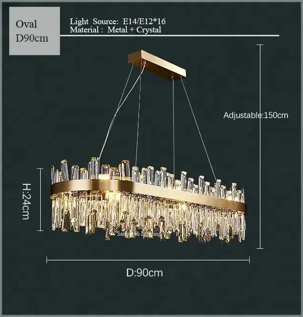 Gold-toned crystal led oval chandelier with metal frame and crystal droplets for dining room decorbites crystal led light