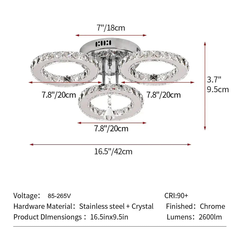 Gold crystal led rings ceiling chandelier with chrome finish and three circular decorbites crystal led rings for dining room