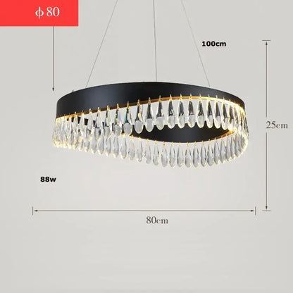 Black circular chandelier with gold trim and dangling clear crystal teardrops in decorbites crystal stainless steel design